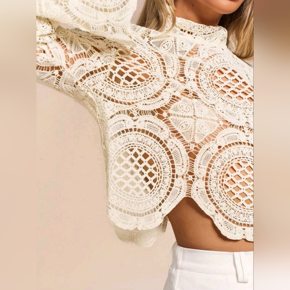 Glamine Long Sleeve StandCollar Water Soluble Flower Inlay Edge Sheer Hollow Top - Picture 3 of 7